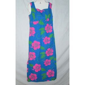 Malihini Hawaii Dress Empire Waist Waterfall Train Sleeveless Hibiscus Print